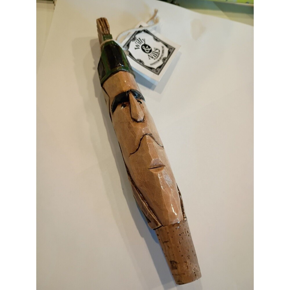 Hand Carved Signed Painted Dated Man's Head Cork Bottle Stopper Hand Carved Wood